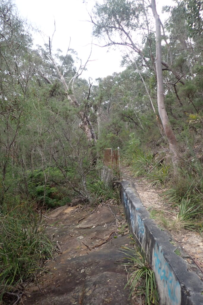 Low retaining wall across sandstone ledge with trees above.